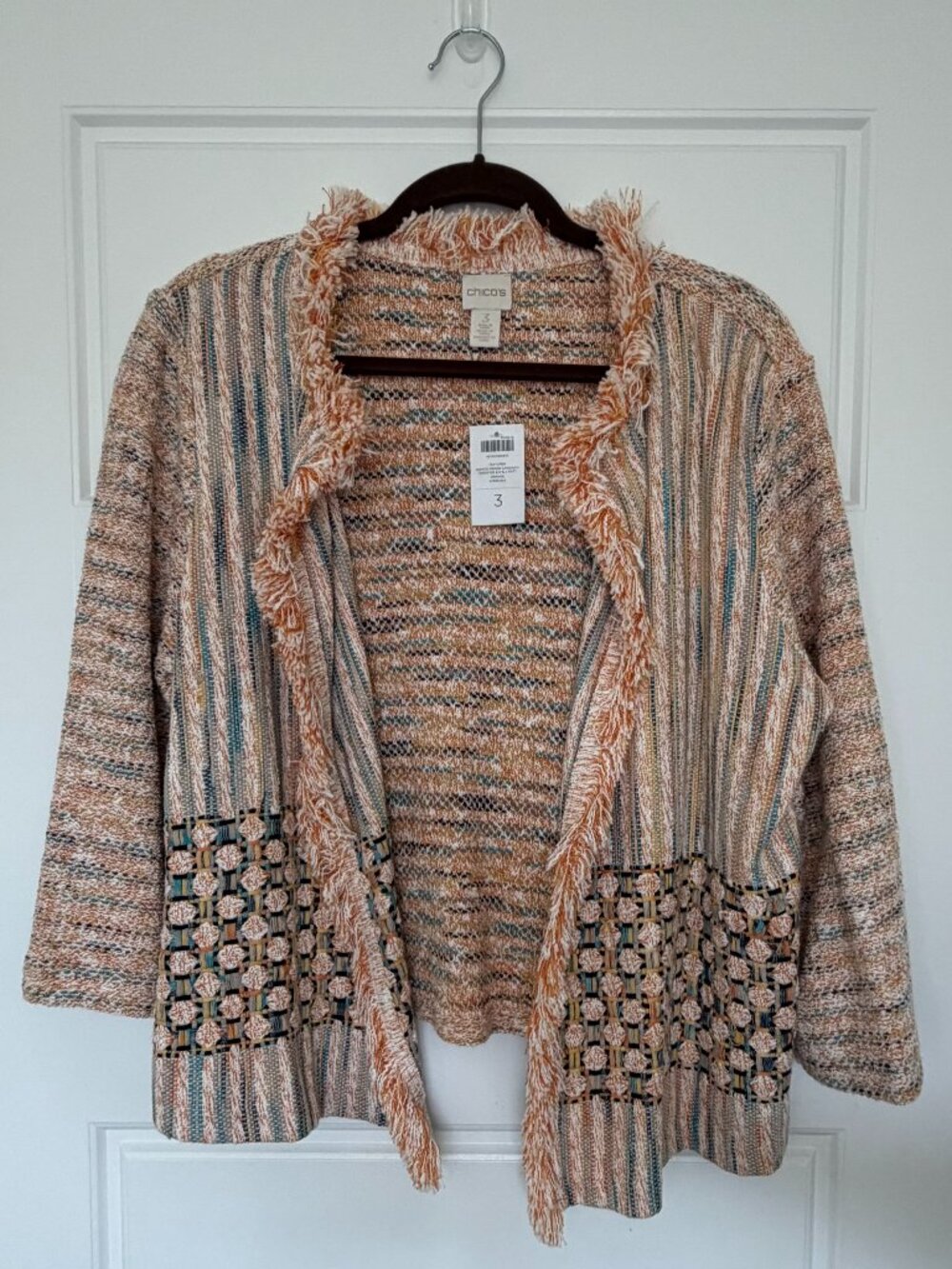 NWT Tweed Fringe Cardigan Sweater 3/4 Sleeve Chicos Bonnie Size XL / Chicos Sz 3